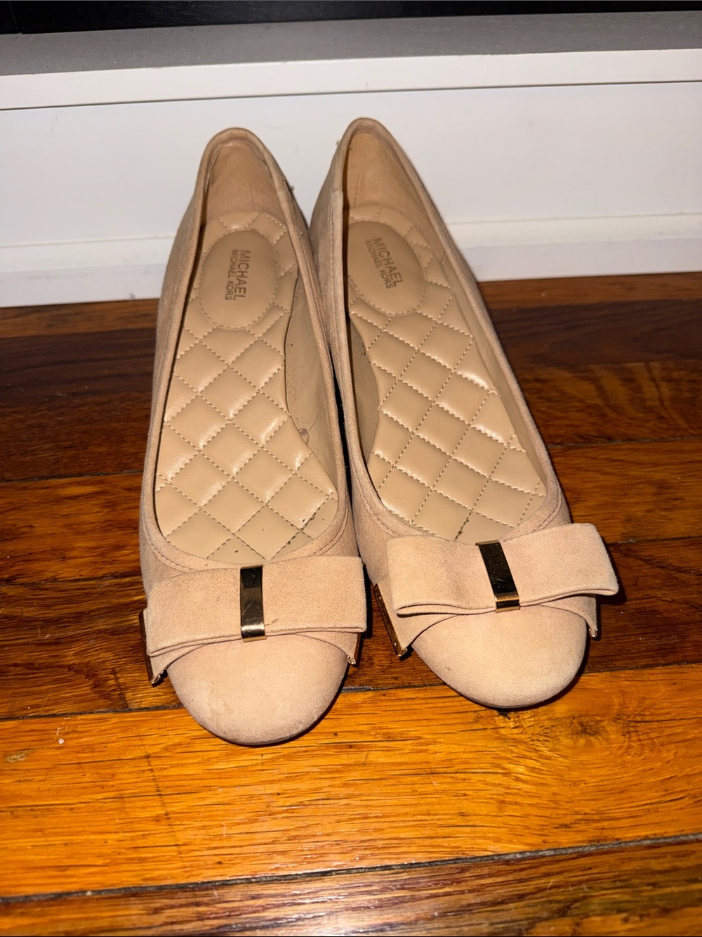 Michael Kors Nude Bow Block Heels with Gold Accent